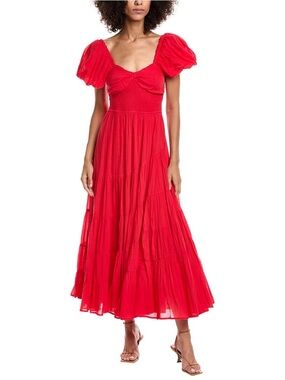 Free People Red Puff-Sleeve Tiered Maxi Dress